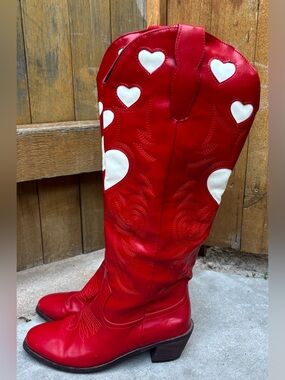 Red and White Heart Cowgirl Boots